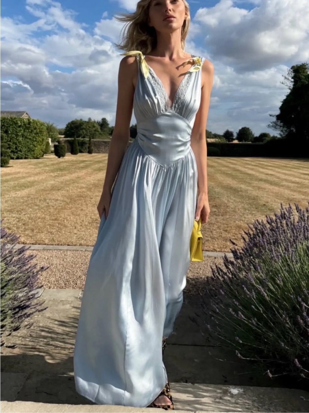 Satin Pale Blue Tie-Shoulder Midi Dress